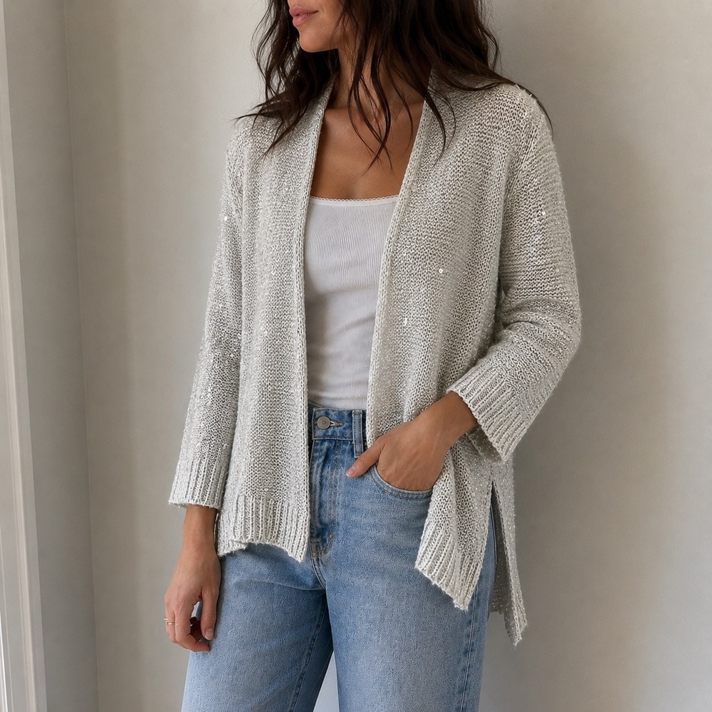 Halston Silver Sequin Open Front Cardigan Sweater Large Glam Holiday Party